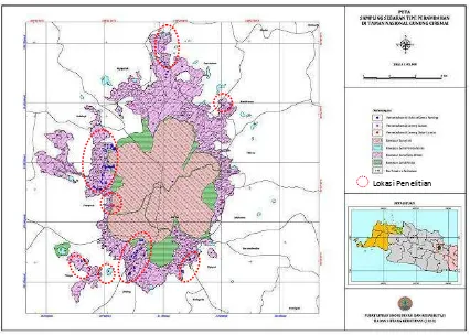 Gambar (Figure) 1.  Lokasi penelitian (sampling sebaran tipe kerusakan hutan) di Taman Nasional Gunung Ciremai (Research location (sampling distribution of forest degradation types) of Mt