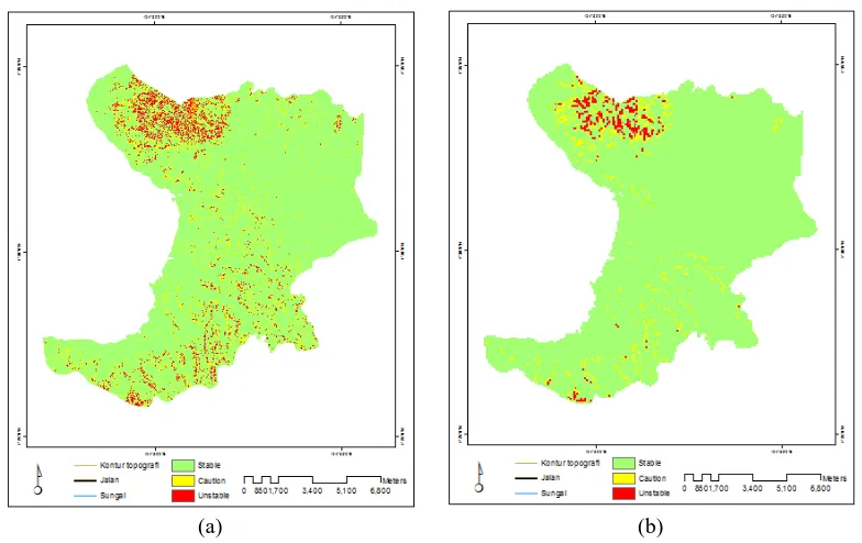 Gambar 3. (a) Hasil identifikasi daerah rawan longsor menggunakan data ASTER GDEM    (b) Hasil identifikasi daerah rawan longsor menggunakan data SRTM 
