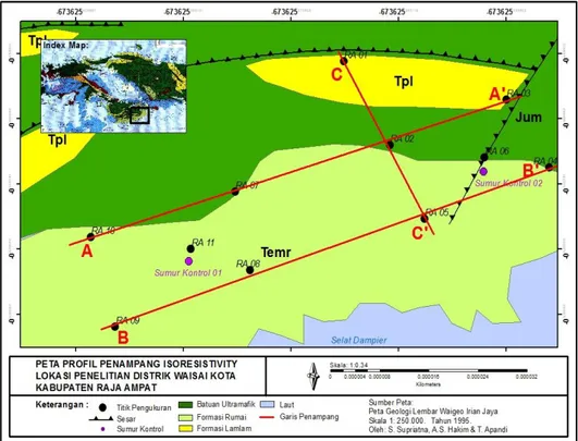 Gambar 1. Peta Geologi Daerah Penelitian Di Distrik Waisai Kota Kabupaten Raja Ampat –  Provinsi Papua Barat {Sumber : Peta Geologi Lembar Waigeo (Pallu, 2008 dalam Supriatna 