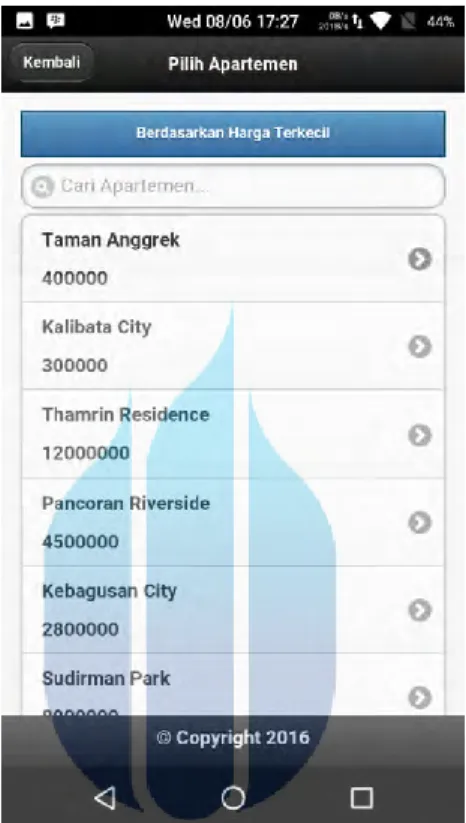 Gambar 4.2 Halaman Daftar Apartemen  4.1.2.4 Penulisan Kode Pada Halaman Info Apartemen 