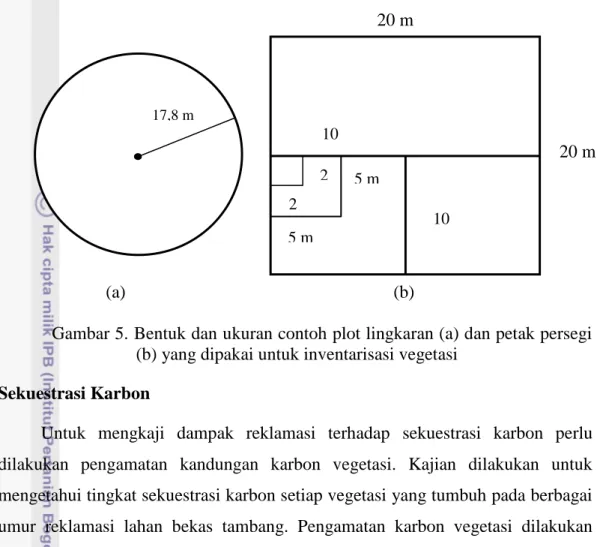 Gambar 5. Bentuk dan ukuran contoh plot lingkaran (a) dan petak persegi  (b) yang dipakai untuk inventarisasi vegetasi  