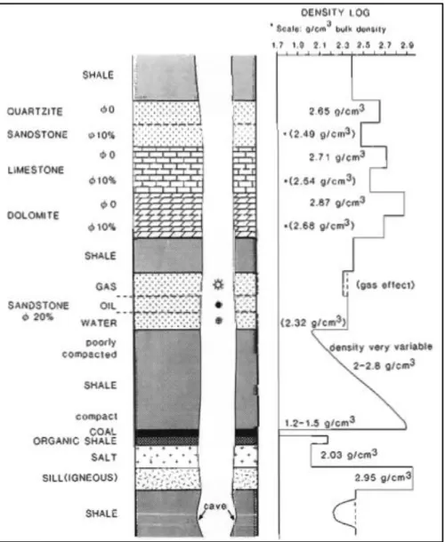 Gambar 2.7 Respon log densitas terhadap berbagai jenis litologi dan fluida yang mengisi formasi  (Rider, 1996)