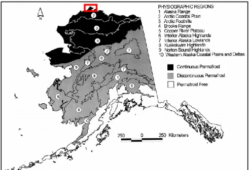Gambar 2.2 Peta Fisiografi Alaska (Clyde, 1965). Kotak berwarna merah menunjukkan lokasi  daerah penelitian