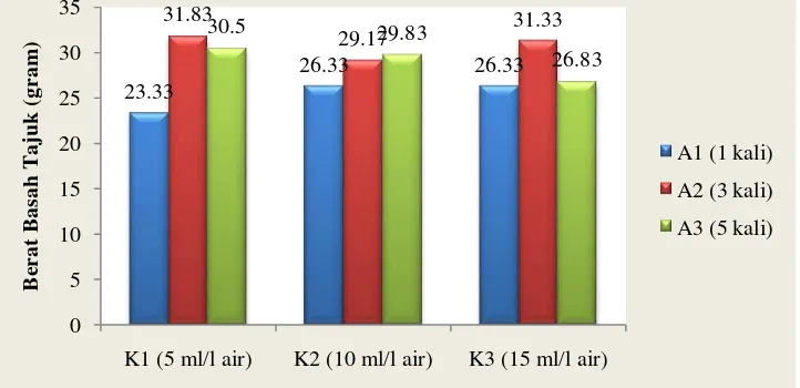 Gambar 1 menunjukkan bahwa kombinasi Rata-rata berat basah tajuk pada perlakuan konsentrasi EM-4 5 ml/l air yang dikombinasikan dengan perlakuan frekuensi aplikasi 3 kali (1 MST, 3 MST, dan 5 MST) cenderung menghasilkan berat basah tajuk terbesar (31,83 g)
