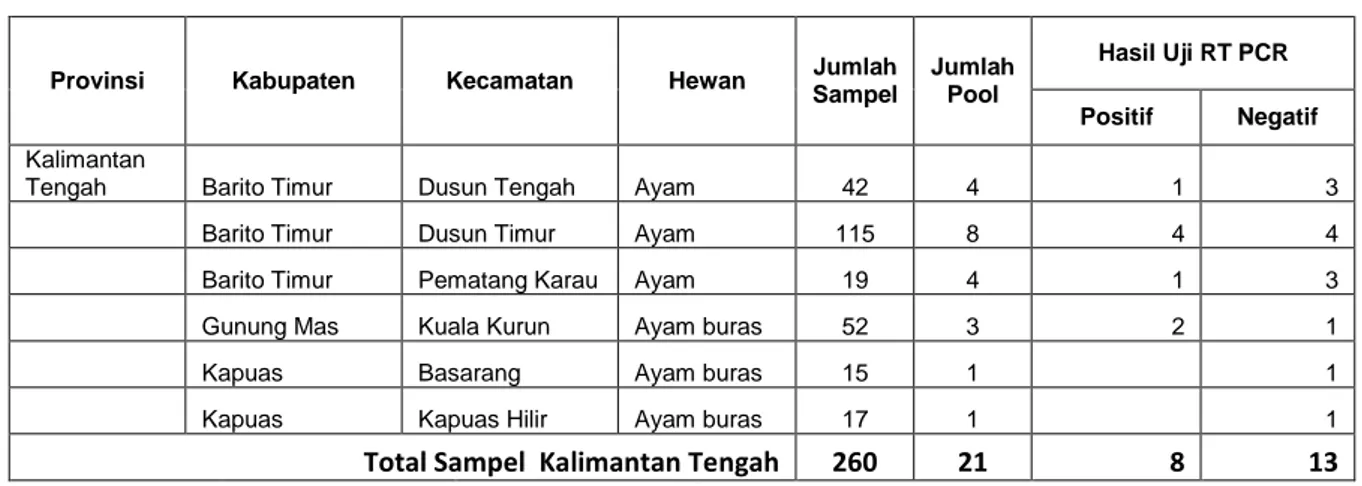 Tabel 8. Hasil pengujian RT PCR di Kalimantan Tengah 