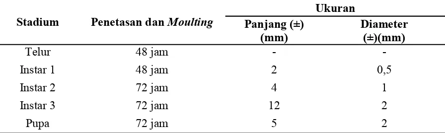 Tabel 2.  Pengamatan waktu penetasan dan moulting setiap stadium serta ukuran tubuh larva M