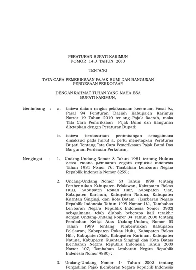 PERATURAN BUPATI KARIMUN NOMOR 14.J TAHUN 2013 TENTANG TATA CARA ...