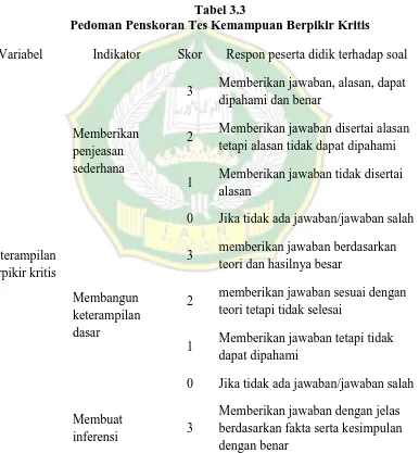 Tabel 3.3 Pedoman Penskoran Tes Kemampuan Berpikir Kritis 