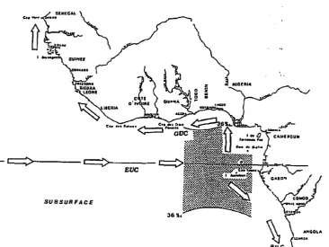 Figure 10 Longitudinal section of the zonal components of circulation off the Ivory Coast to Nigeria: 0-100 m profile on the continental shelf at 10-23 nm from shore; May 1972