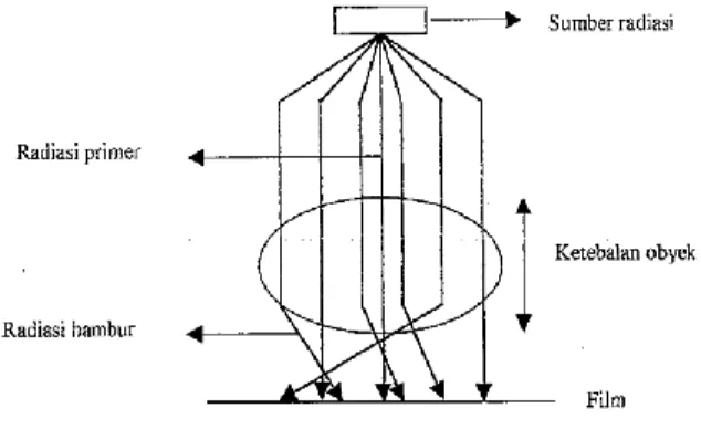 Gambar II.4. Ilustrasi sinar-X yang melewati  obyek  terdiri  dari    radiasi  primer  dan  radiasi  hambur  (Van Der Plaats,1971) 