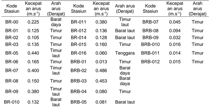Tabel 4. Kecepatan arus di setiap stasiun Pengambilan sampel  Kode  Stasiun  Kecepat an arus  (m.s -1 )  Arah arus  (Derajat)  Kode  Stasiun  Kecepat an arus (m.s-1)  Arah arus (Derajat)  Kode  Stasiun  Kecepat an arus (m.s-1)  Arah arus  (Derajat)  BR-00 