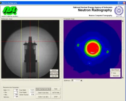 Gambar 4 menunjukkan tampilan perangkat lunak tomografi neutron dengan  gambar radiografi dari benda uji koil sebuah mobil dan hasil rekonstruksi  tomografinya