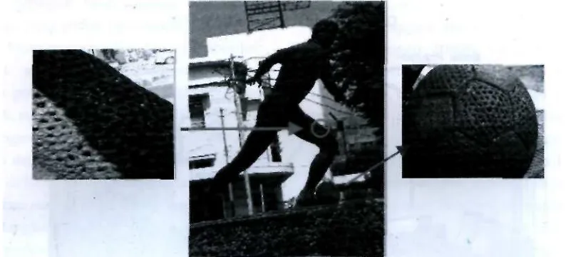 Gambar 3-1: Monumen bola PERSIB di Bandung didirikan tahun 1990 dan gambar di atas diambil pada 1 Maret 2001 oleh LAPAN, tanda panah menunjukkan retakan tempat masuk air hujan yang mengandung asam 