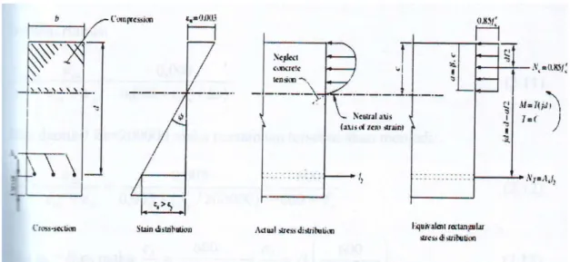 Gambar 2.5 Tegangan dan Gaya pada Balok dengan Tulangan Tarik Saja   (Pan Austin, 2005) 