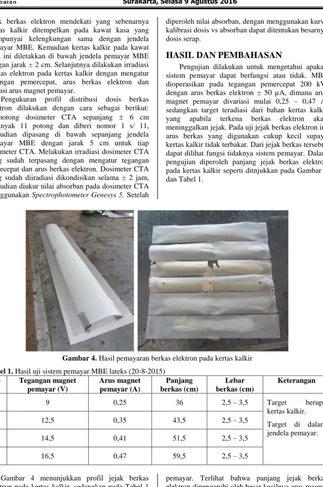 Gambar 4. Hasil pemayaran berkas elektron pada kertas kalkir  Tabel 1. Hasil uji sistem pemayar MBE lateks (20-8-2015) 