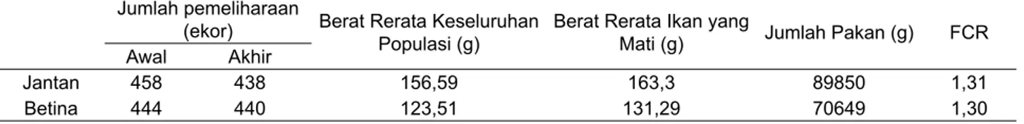 Tabel 6. Nisbah konversi pakan (FCR) calon induk nila putih Janti strain Singapura (SS) jantan dan betina  generasi keempat (F4) pada umur 5 bulan