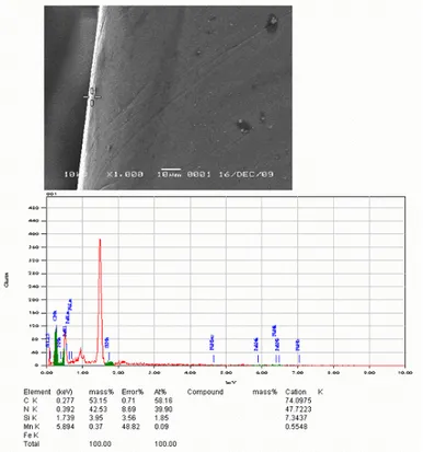 Gambar 5.  Mikrograf SEM-EDAX dari tampang-lintang pena piston pada proses nitridasi ion: waktu nitridasi 3  jam, suhu nitridasi 100  o C dan tekanan gas nitrogen 1,6 mbar.