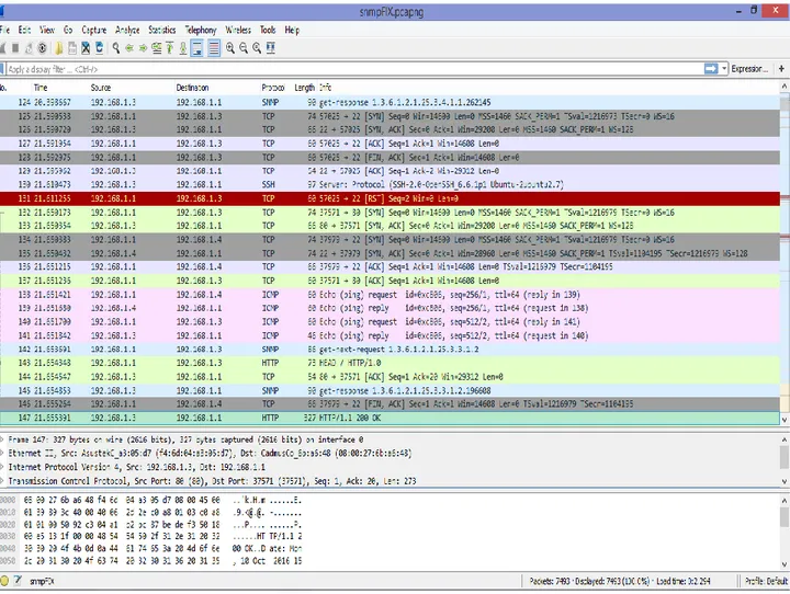 Gambar  diatas  menunjukan  paket-paket  yang  lewat  pada  jaringan,  tiap  warna  mempunyai  identitas untuk protokol yang lewat, hijaun untuk http, merah tcp, abu-abu arp