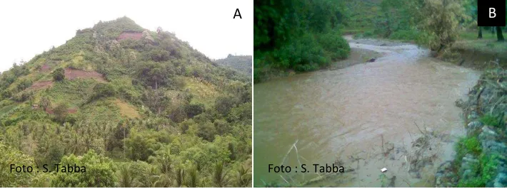 Gambar (Figure) 1. Pembukaan lahan pada daerah ketinggian di hulu Sub DAS Biyonga (A) dan Kondisi sungai biyonga saat hujan, air keruh sebagai indikator kekritisan lahan di wilayah hulu (B)