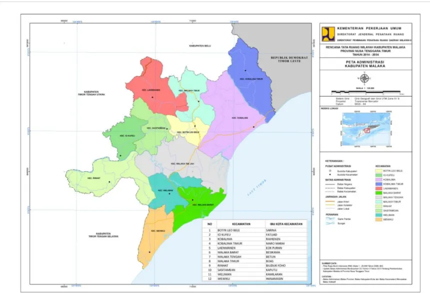 Gambar 1.  Peta Wilayah Administratif dan Cakupan Kajian Kabupaten Malaka