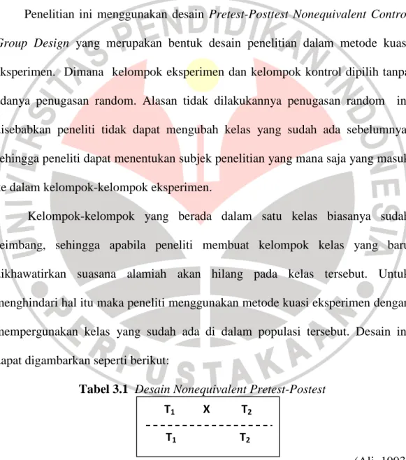Tabel 3.1  Desain Nonequivalent Pretest-Postest 