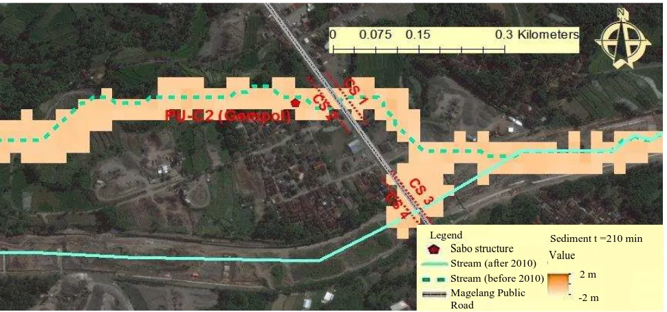Figure 12. Simulated sediment spread of debris flow in Putih River at t = 210 minutes 