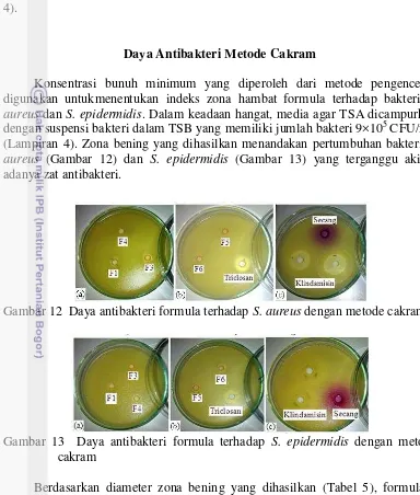 Gambar 12  Daya antibakteri formula terhadap  S. aureus dengan metode cakram 