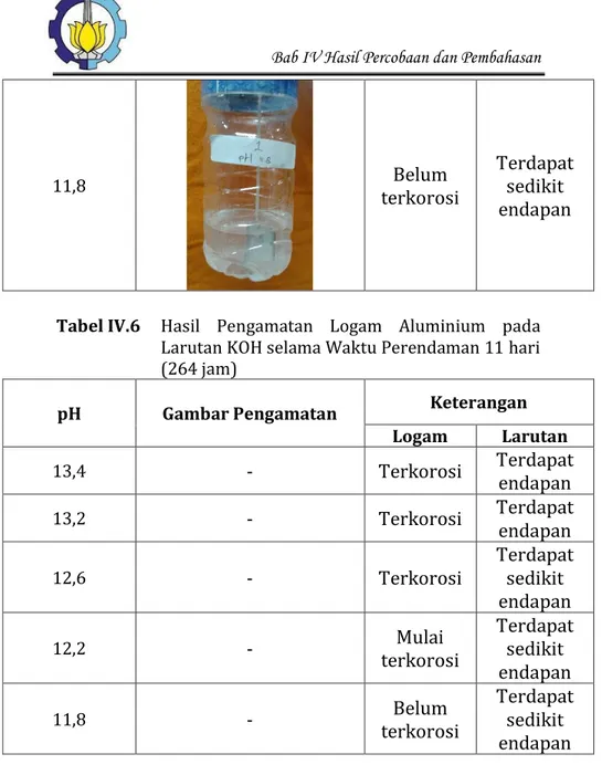 Tabel IV.6   Hasil  Pengamatan  Logam  Aluminium  pada  Larutan KOH selama Waktu Perendaman 11 hari  (264 jam) 