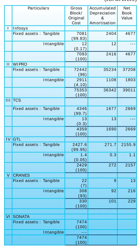 Table 5: A summary of consolidated fixed assets: tangible and intangible of selected IT companies as at March 31, 2009 (Rs