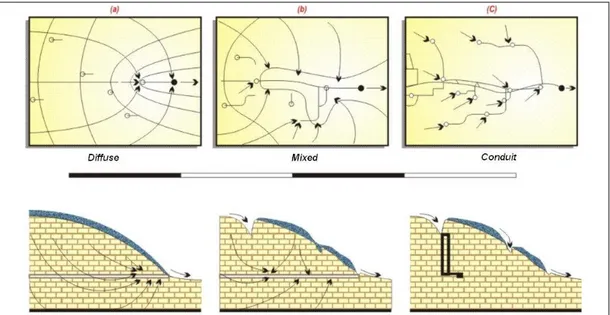 Gambar 2. Tipe aliran diffuse, campuran dan conduit di akuifer karst (Domenico and  Schwartz, 1990) 
