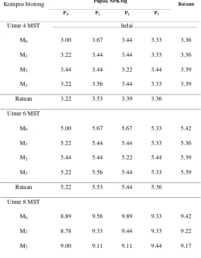 Tabel 3.  Rataan jumlah daun bibit kakao (helai) pada umur 4 – 12 MST akibat pengaruh kompos blotong dan pupuk NPK Mg  