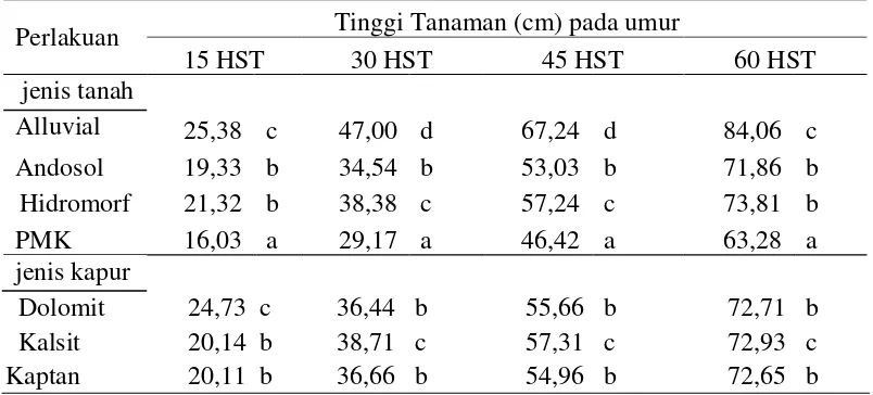 Tabel 1. Tinggi tanaman tembakau Deli  pada beberapa jenis tanah dan jenis kapur 