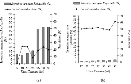 Gambar 2. Hubungan antara parasitisasi Trichogrammatoidae sp. dengan tingkat serangan larva  Plutella  xylostella Linn