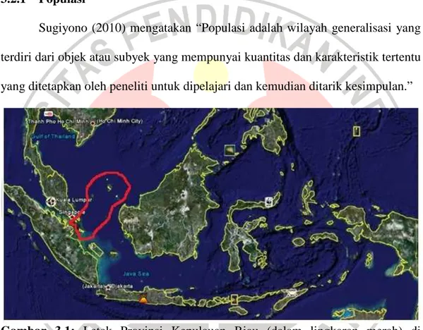 Gambar  3.1:  Letak  Provinsi  Kepulauan  Riau  (dalam  lingkaran  merah)  di  Indonesia (Sumber: Google Earth) 