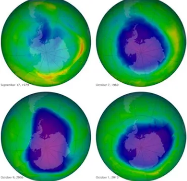 Gambar 3. penipisan lapisan ozon, Sumber: www.earthobservatory.nasa.gov 