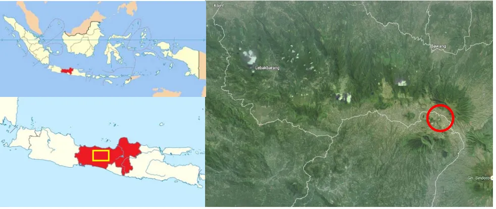 Figure 1. Study area of Dieng Plateau and the surrounding, Central Java, Indonesia. Note:  = Dieng Wetan and Dieng Kulon villages of Central Java 