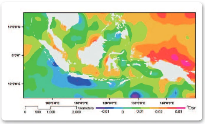 Figure 2. 9 The trend of sea level rise according to NOAA OI data, where the highest increase is expected to occur in Pacii c Ocean, at the north of Papua, while the lowest ones is expected at the southern coast of Java Island