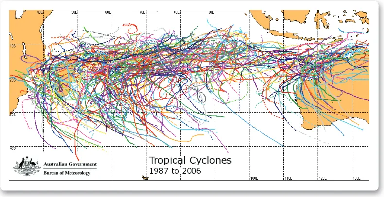 Figure 2. 12 Area of tropical cyclones (red shade). These cyclone do not occur in Indonesia, but the 