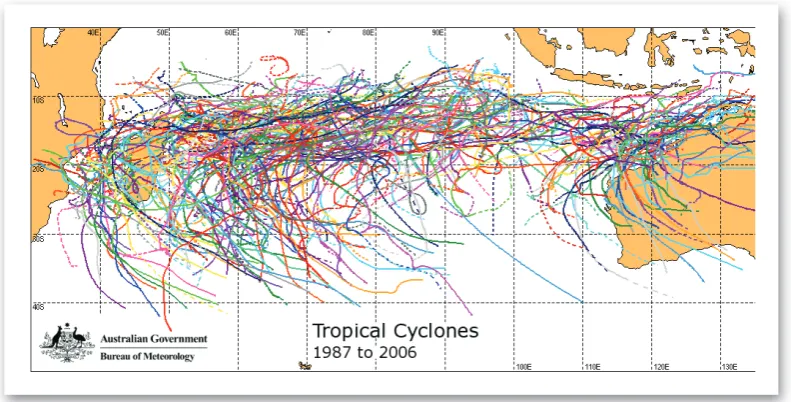 Gambar 2.12  Daerah terjadinya siklon tropis (diarsir merah); siklon ini tidak terjadi di wilayah Indonesia, tapi imbasnya berupa badai guruh dan angin kencang bisa terasa (catatan BBU=Belahan Bumi Utara, BBS=Belahan Bumi Selatan) 