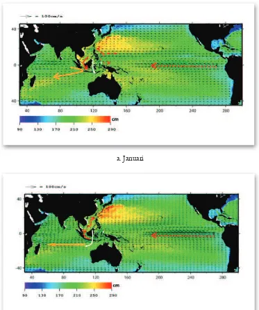 Gambar 2.21 Distribusi spasial TML dan arus permukaan pada bulan Januari dan Agustus. TML berdasarkan data altimeter, sedangkan arah dan kecepatan arus merupakan hasil estimasi model HYCOM (Hybrid Coordinate Ocean Model) (Soi an, 2009)