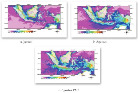 Gambar 2.23 Distribusi kloroi l-a rata-rata pada bulan Januari dan Agustus, serta pada bulan Agustus 1997 pada saat terjadi El Nino (Soi an, 2009).