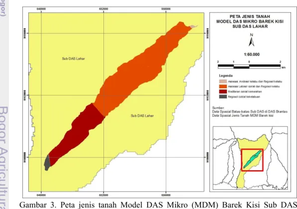 Gambar  3.  Peta  jenis  tanah  Model  DAS  Mikro  (MDM)  Barek  Kisi  Sub  DAS  Lahar (Sumber: BPDAS Brantas 2010)