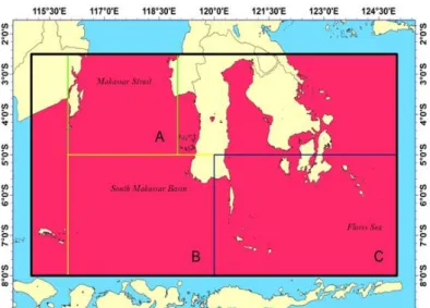 Gambar 2. Area Kajian Penelitian, (A) Selat Makassar, (B) Perairan Selatan Makassar, (C) Laut Flores 
