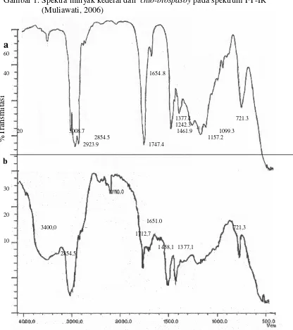 Gambar 1. Spektra minyak kedelai dan  chlo-biospasoy pada spektrum FT-IR  