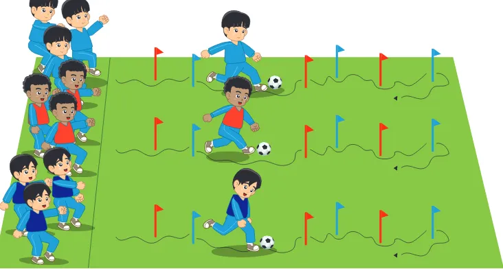 Gambar 1.21 Aktivitas pembelajaran menggiring bola dengan melewati bendera yang dipasang zig-zag