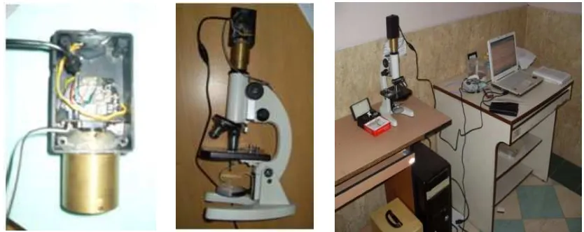 Figure 1. From left to right (a) Camera housing for the digital microscope, (b) The digital Microscope and (c) the setup of the digital microscope