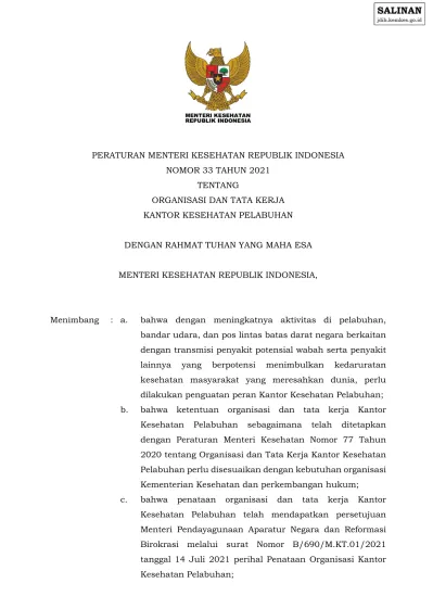 PERATURAN MENTERI KESEHATAN REPUBLIK INDONESIA NOMOR 33 TAHUN 2021 ...