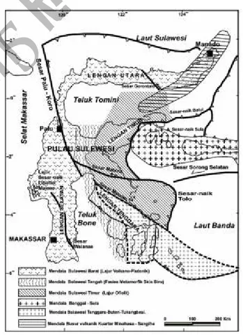 Gambar 2. Pembagian mendala geologi daerah Sulawesi dan sekitarnya,  dikompilasi  berdasarkan    Sukamto  (1975),  Simandjuntak  (1993),  Helmers  drr