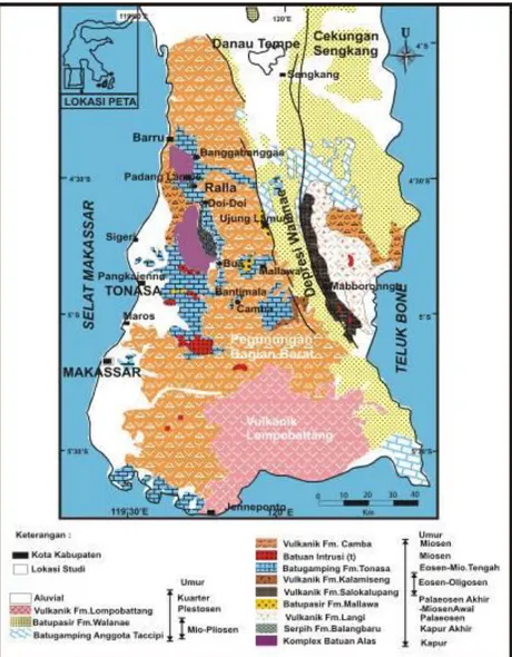 Gambar  2.  Peta  Geologi  Regional  Lengan  Selatan  Sulawesi  (Wilson  &amp;  Bosence,  1996: 