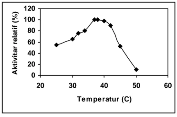 Gambar 3. Pengaruh temperatur pada aktivitas katalitik                   enzim penisilin asilase dari Escherichia coli 